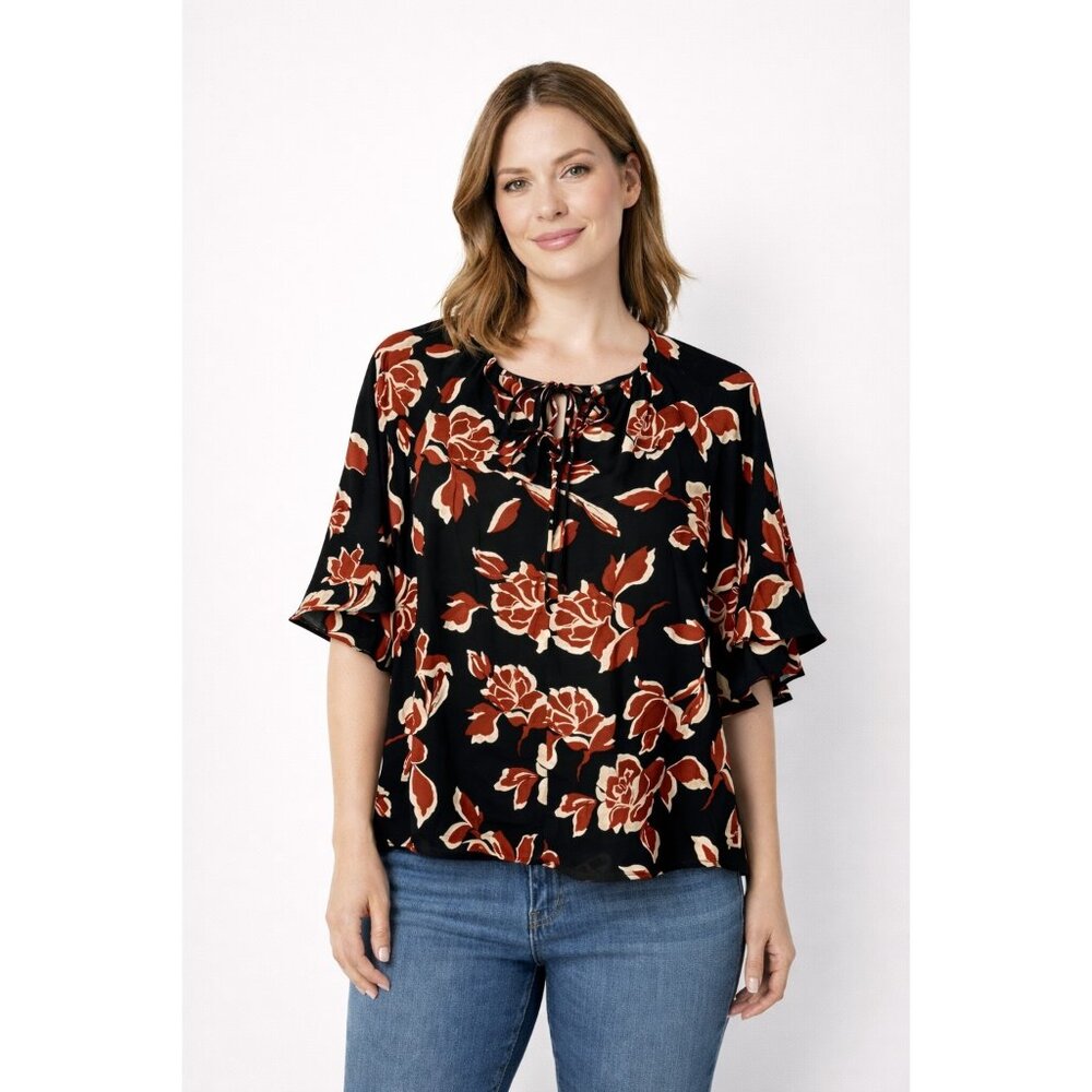 Vince Camuto Black Floral Top Blouse Size Medium Tie Neck  NEW